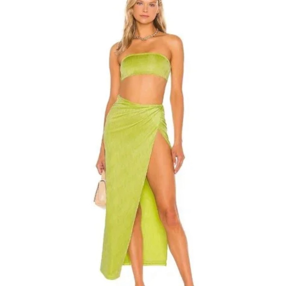 Revolve superdown green maxi skirt bandeau top two piece matching set